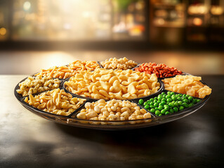 Diwali snacks and treats on a rotating tray illuminating festive celebration