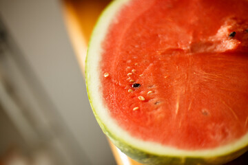Close-up of a juicy red watermelon slice showing seeds and texture