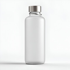 Minimalist frosted glass water bottle with a metal cap stands isolated on a white backdrop.
