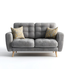 A modern two-seater sofa in gray fabric with patterned cushions is centered on a white background.