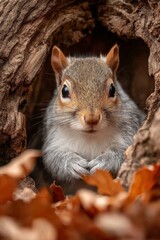 Obraz premium Grey Squirrel Peeking from Tree Hole in Autumn
