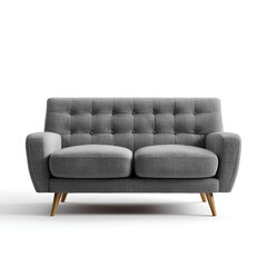 Two-seater modern sofa in gray fabric with button-tufted back on white, creating a minimalist scene.