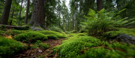 Lush Green Forest Path Covered in Moss
