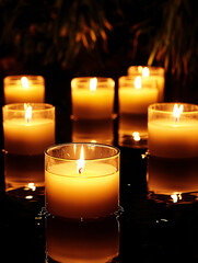 Candlelit Glow: Warm candlelight illuminating a tranquil scene, highlighting glass holders against the black backdrop, creating a serene ambiance and atmosphere. 