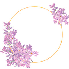 Lilac flower. A spring flower wreath, watercolor illustration. Round frame made of lilac flowers. Watercolor lilac for wedding invitation Square template for save the date, perfume or cosmetics design