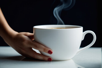 A close-up shot of a woman's hand cradling a cup of coffee, perfect for use in food and beverage, lifestyle or morning routine-themed projects