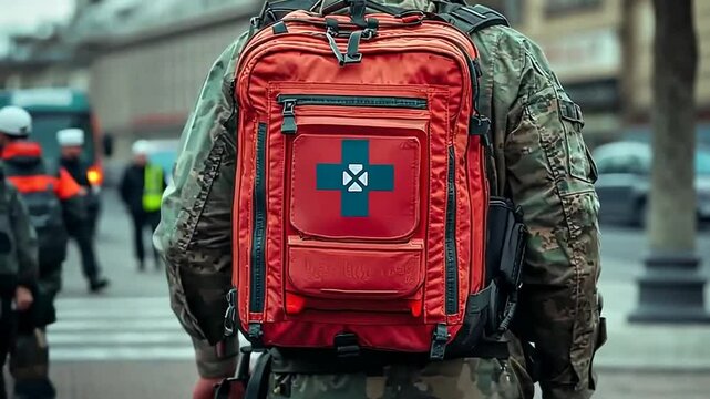 Medics backpack amidst urban chaos