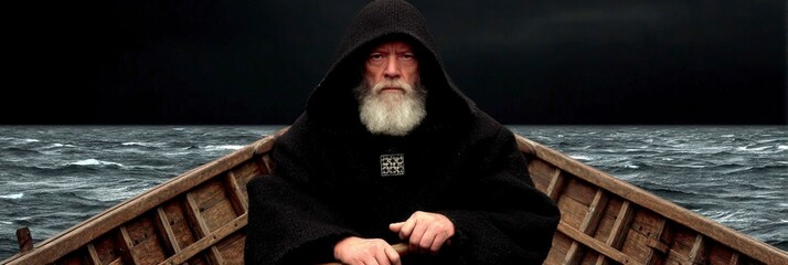 Elderly Man in Hooded Robe on a Boat