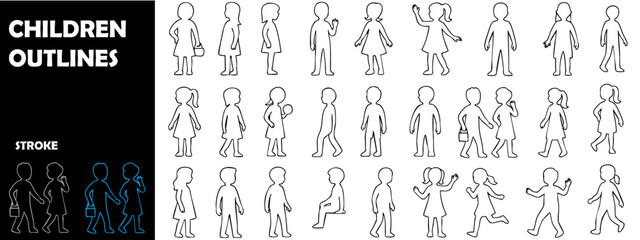 Children Outline Silhouettes Vector Set