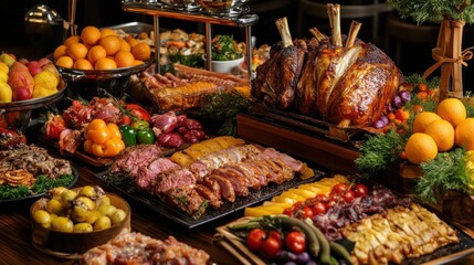 A Luxurious Festive Feast: Roasted Turkey, Meats, and Abundant Sides