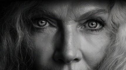 Obraz premium Close-up grayscale portrait of a mature woman.