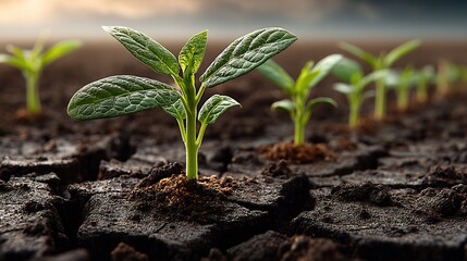 Young Plants Growing Dry Soil Drought Agriculture.