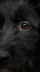 vertical close-ip photo of young cute mongrel dog with black straight fur, brown eye, black nose