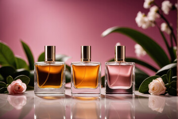 Three bottles of perfume sit on a table surrounded by flowers, perfect for a beauty or gift image