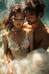 Obraz premium an underwater wedding shoot with the couple posing creatively, holding hands and spinning as the brides dress swirls around them, soft natural light