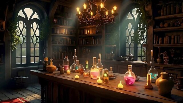 Explore a magical alchemy lab: potion brewing, ancient scrolls, and mystical atmosphere inside. Alchemy lab with glowing bottles. Fantasy science room interior. Magical potions on a wooden table