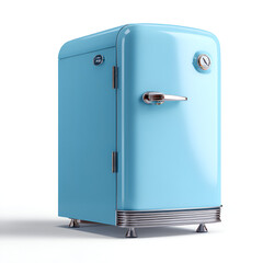 A pastel blue mini fridge stands out with its retro design and chrome accents on a white background.