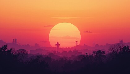 Obraz premium Sunset over city skyline urban landscape photography vibrant colors peaceful environment wide angle view