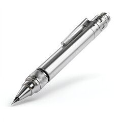 Sleek metallic mechanical pencil gleams on a white surface in a clean, product-style rendering.