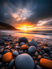 Obraz premium Sunset Beach Stones: Vibrant orange and grey stones on a beach at sunset, with dramatic clouds and ocean waves.