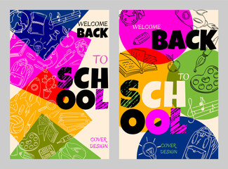 Welcome back to school. A set of templates for a poster, leaflets, covers on the topic of education with abstract design and contour drawings.