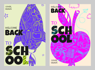 A set of abstract backgrounds for a poster on the theme of education with contour drawings of knowledge symbols and stationery. Welcome back to school.