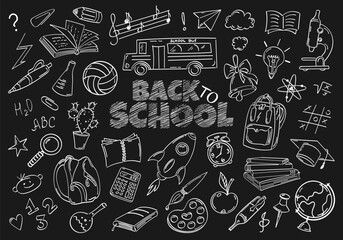 Set of drawings on the theme of education in the sketch style. Chalk shaded text back to school, globe, microscope, pens, pencils, bell, school bus, rocket, calculator, backpack and other stationery