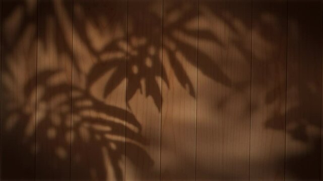 4K Seamless loop of tropical leaf shadows on wooden panel wall, natural light animation with copy space, botanical overlay background, ambient texture for motion graphics, design, and video content