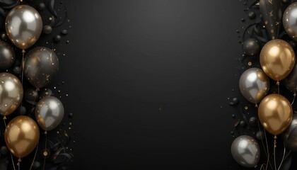 Celebration event with gold and silver balloons party venue graphic design festive atmosphere aerial perspective joyful theme