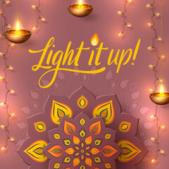 Light it up Diwali festival flyer or poster with paper cut style of Indian Rangoli and glowing lights. Pastel violet and purple colors. Vector illustration.