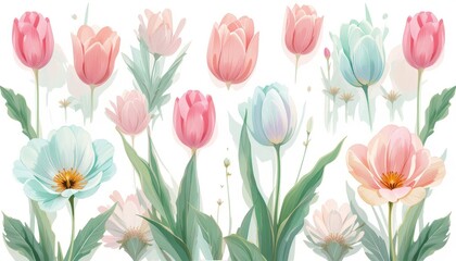 Vibrant flower arrangement showcasing tulips and poppies nature scene digital art bright background aesthetic composition