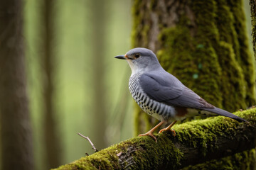 A bird perches on a moss-covered branch