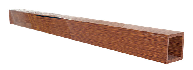 Hollow Wood Composite Beam: A 3D render showcasing a long, hollow square-profile WPC timber tube, featuring a rich wood grain texture