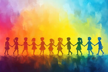 Silhouettes of children holding hands against colorful background