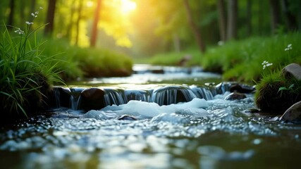 Sunlight forest. Water positive nature-based bathing Nature solutions Esg fintech Natural cycles Lhyfe EcoVadis Frizzlife Flowing stream. Small waterfall. Green grass. Smooth stones. Calm Peaceful en