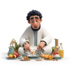 Stylized 3D render of a man with broken clay around him, surrounded by fruits, looking disappointed.