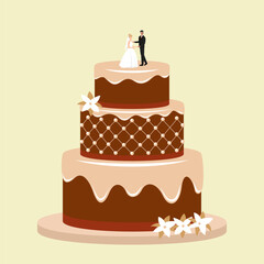 Cartoon Color Wedding Cake with Flowers and Figurines of Bride and Groom on Top Concept Flat Design Symbol of Love and Marriage. Vector illustration