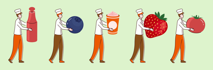 Cartoon Color Tiny Characters Boy Holding Food Products Concept Flat Design Style. Vector illustration of Person and Ingredients