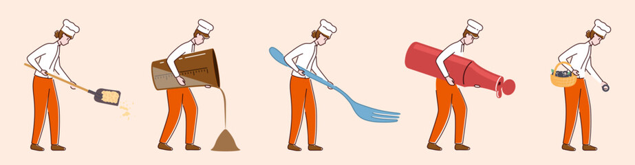 Cartoon Color Tiny Characters People Holding Kitchen Appliances Concept Flat Design Style. Vector illustration of Person and Fork, Sauce Bottle, Berry