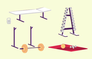 Cartoon Color Different Types Sports Gear for Bodybuilding Training Set Gym Concept Flat Design Style. Vector illustration