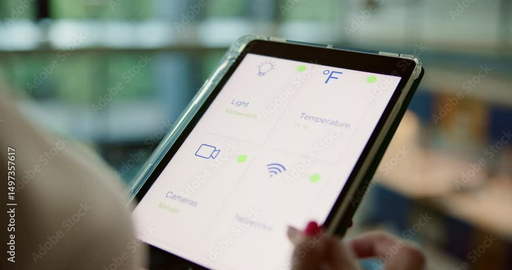 Poster smart home, dashboard system or hands on tablet screen for lights, temperature or control panel. sof