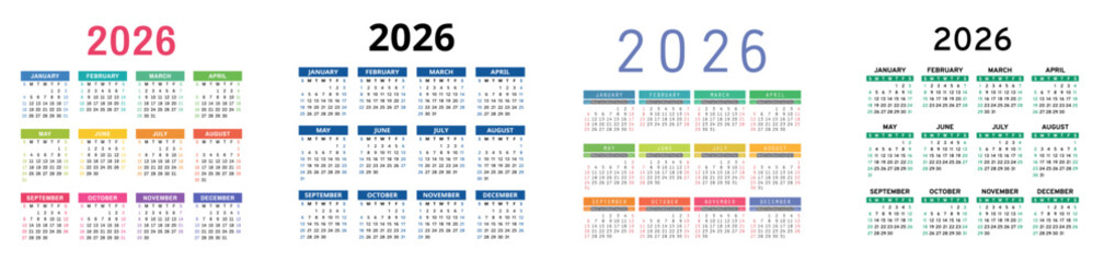 English calendar 2026 year collection. Square vector pocket or wall calender design template set. Week starts on Sunday