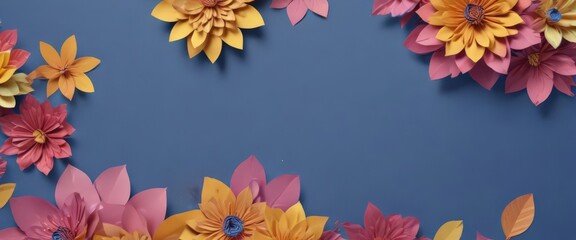 Brightly colored paper blooms, blue background, ample empty area,  art,  handmade, paper flower