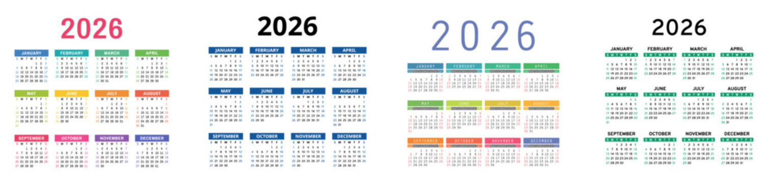 English calendar 2026 year collection. Square vector pocket or wall calender design template set. Week starts on Sunday