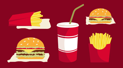 Cartoon Color Different Types Fast Food Set Concept Flat Design Style. Vector illustration of Burger and Soda