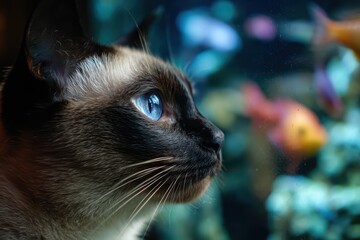 Siamese cat staring at aquarium with blue eyes and reflective glass, tranquil domestic scene with swimming fish and lush greenery.