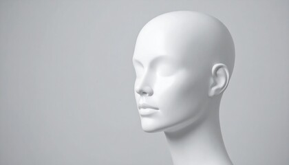 A smooth, white mannequin head is displayed against a plain backdrop, showcasing its features.