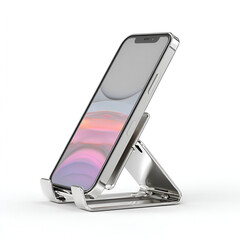 A sleek phone rests securely in a silver foldable stand, presented against a stark white background.