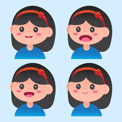 Cute cartoon girl with a red headband. This set shows various emotions: crying, happy, angry, and sly.
