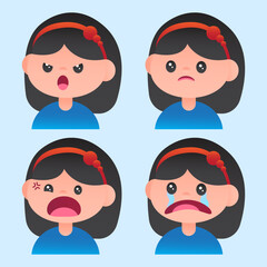 Cute cartoon girl with a red headband showing four different emotions: surprised/shouting, sad, angry/shouting, and crying. Expressive character set.